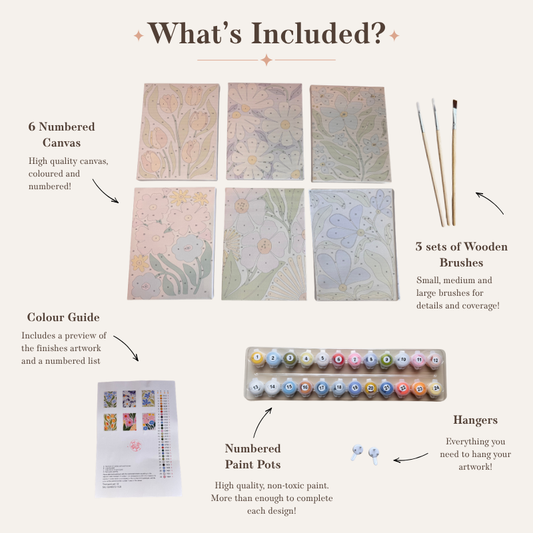 Sip 'n' Paint kit accessories: six canvases, paints, three sets of brushes and a colour guide