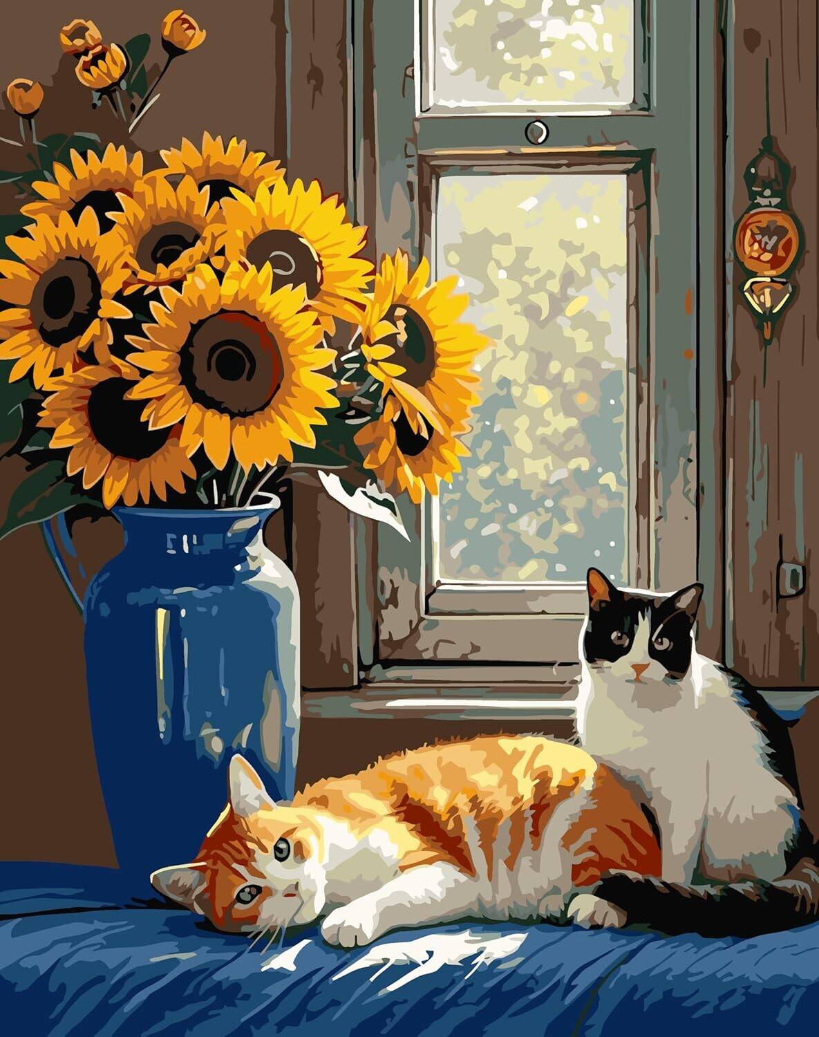 Sunflower Cat Window - Paint by Numbers Kit