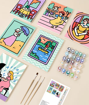 Regency Romance 6 pack paint by numbers kit - six regency-inspired designs on six 15x20cm canvases