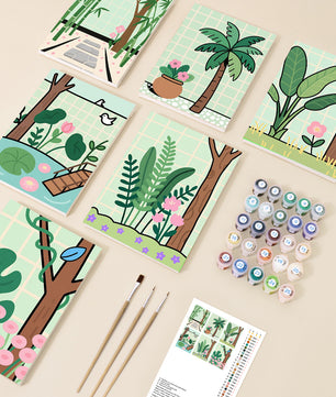 Botanical Bliss 6 pack paint by numbers kit - six leafy garden designs on six 15x20cm canvases