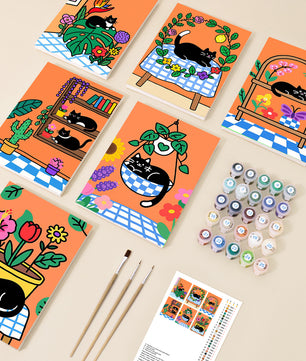 Cat Garden 6 pack paint by numbers kit - six cat and garden designs on six 15x20cm canvases