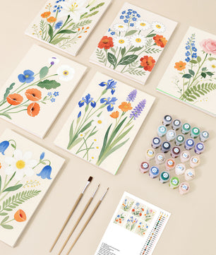 Springtime Florals 6 pack paint by numbers kit - six springtime wildflower designs on six 15x20cm canvases