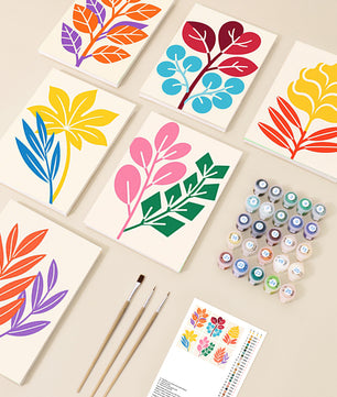 Bright Botanics 6 pack paint by numbers kit - six bright botanical designs on six 15x20cm canvases
