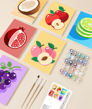 Fruit Bowl 6 pack paint by numbers kit - six bright fruit designs on six 15x20cm canvases