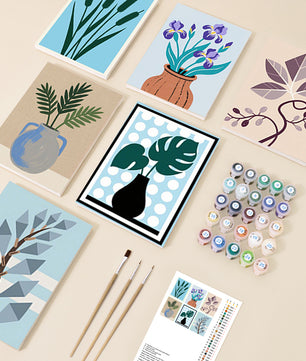 Calm Botanics 6 pack paint by numbers kit - six calming botanical designs on six 15x20cm canvases