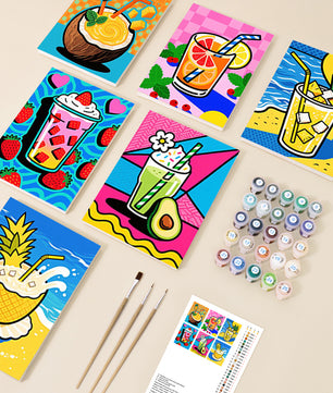 Summer Sips 6 pack paint by numbers kit - six summer drink designs on six 15x20cm canvases