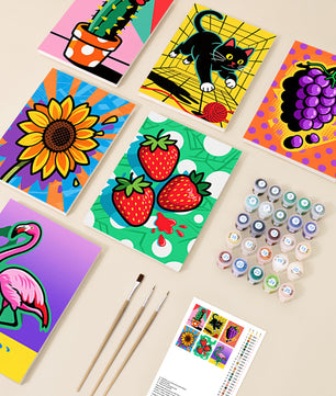 Pop Art Mix 6 pack paint by numbers kit - six bold pop art designs on six 15x20cm canvases