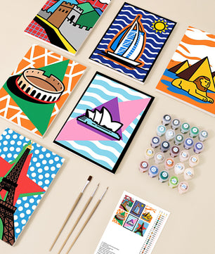World Icons 6 pack paint by numbers kit - six world landmark designs on six 15x20cm canvases