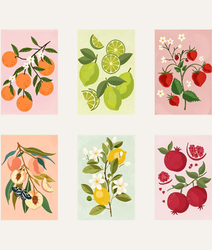Fruit Garden 6 pack paint by numbers kit - six fruit and floral designs on six 15x20cm canvases