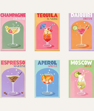 The Colourful Cocktail Edit 6 pack paint by numbers kit - six bright cocktail designs on six 15x20cm canvases