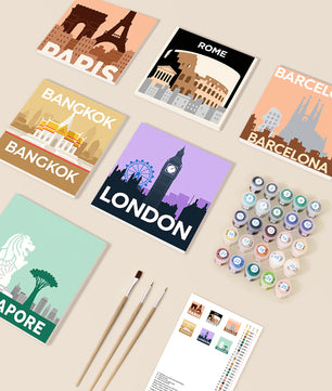 Around The World Collection 6 pack paint by numbers kit - six iconic city skyline designs on six 15x15cm canvases