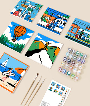 Adventure Awaits 6 pack paint by numbers kit - six travel and adventure designs on six 15x15cm canvases
