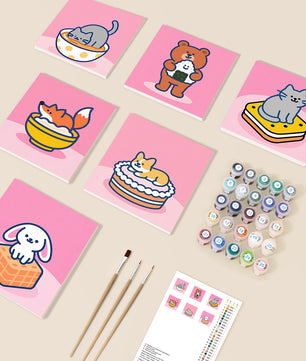 Tiny Treat Friends 6 pack paint by numbers kit - six snack-loving animal designs on six 15x15cm canvases