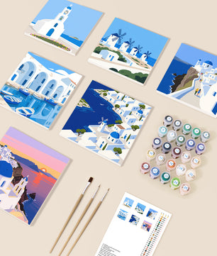 Greek Island Escape 6 pack paint by numbers kit - six Greek island coastal designs on six 15x15cm canvases