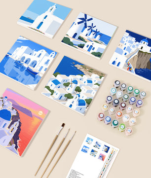Greek Island Postcards 6 pack paint by numbers kit - six Greek island postcard designs on six 15x15cm canvases