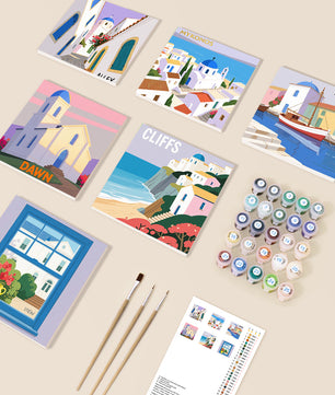 Mykonos Moments 6 pack paint by numbers kit - six Mykonos travel designs on six 15x15cm canvases