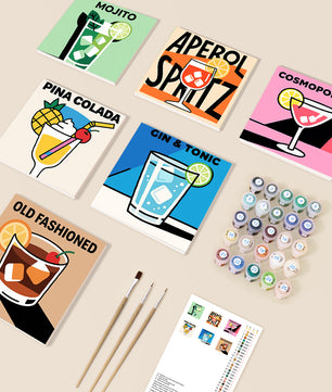 Sip Sip Hooray 6 pack paint by numbers kit - six bold cocktail bar designs on six 15x15cm canvases