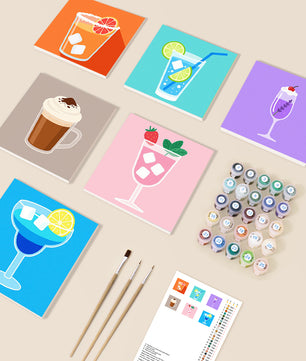 The Cocktail Canvas Club 6 pack paint by numbers kit - six cocktail and cafe designs on six 15x15cm canvases