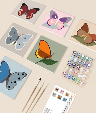 Meadow Wings Collection 6 pack paint by numbers kit - six soft butterfly designs on six 15x15cm canvases