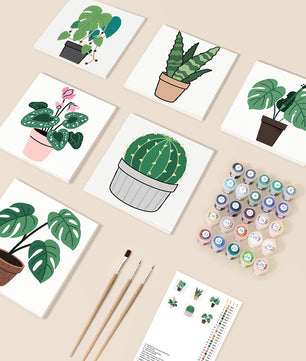 Green & Clean Botanicals 6 pack paint by numbers kit - six monstera, succulent and cacti designs on six 15x15cm canvases