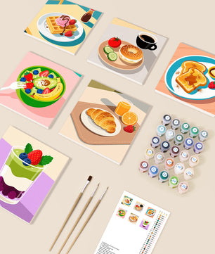 Breakfast Club Minis 6 pack paint by numbers kit - six breakfast and brunch designs on six 15x15cm canvases
