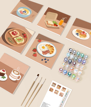 Café Date Paint Set 6 pack paint by numbers kit - six cosy cafe designs on six 15x15cm canvases