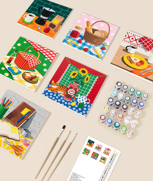 Picnic Pattern Party 6 pack paint by numbers kit - six picnic and kitchen designs on six 15x15cm canvases