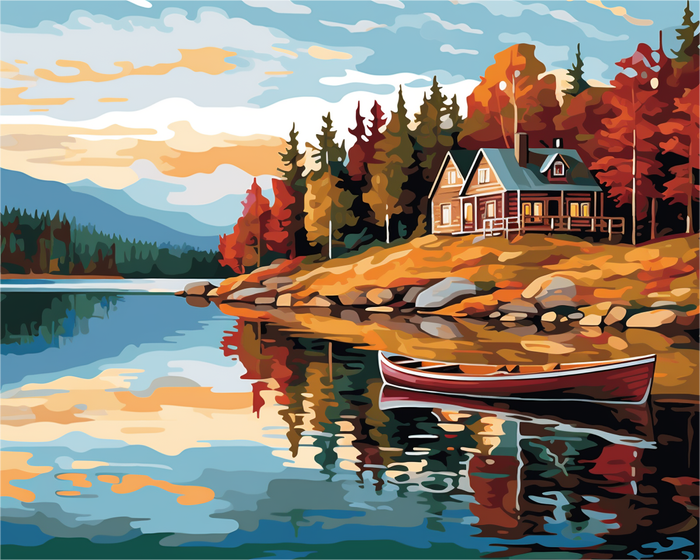 Autumn Lakeside Cabin – Paint by Numbers Kit