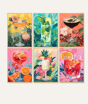Tropical Cocktail Club 6 pack paint by numbers kit - six tropical cocktail designs on six 15x20cm canvases