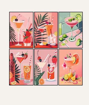 Pink Cocktail Hour 6 pack paint by numbers kit - six pink cocktail designs on six 15x20cm canvases
