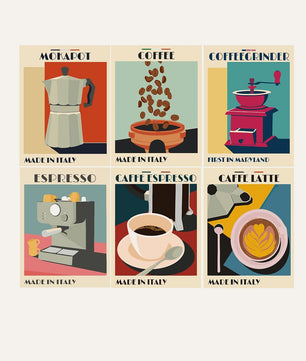 Italian Coffee Club 6 pack paint by numbers kit - six Italian coffee designs on six 15x20cm canvases