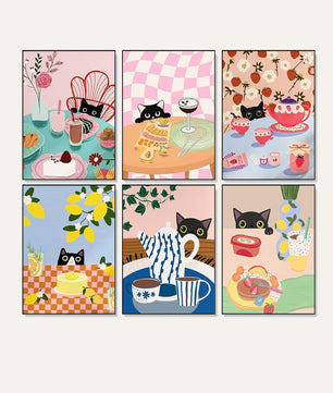 Kitty Café Club 6 pack paint by numbers kit - six cute cat cafe designs on six 15x20cm canvases