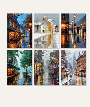 Rainy City Lights 6 pack paint by numbers kit - six rainy city designs on six 15x20cm canvases