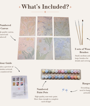 Sip 'n' Paint kit accessories: six canvases, paints, three sets of brushes and a colour guide